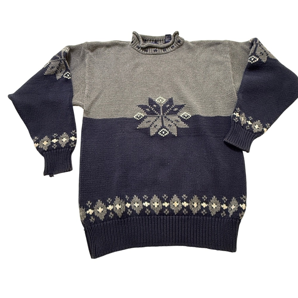 Gap Snowflake Sweater Mens Large Gray Navy Blue Vintage Cotton Nordic‎ Knit